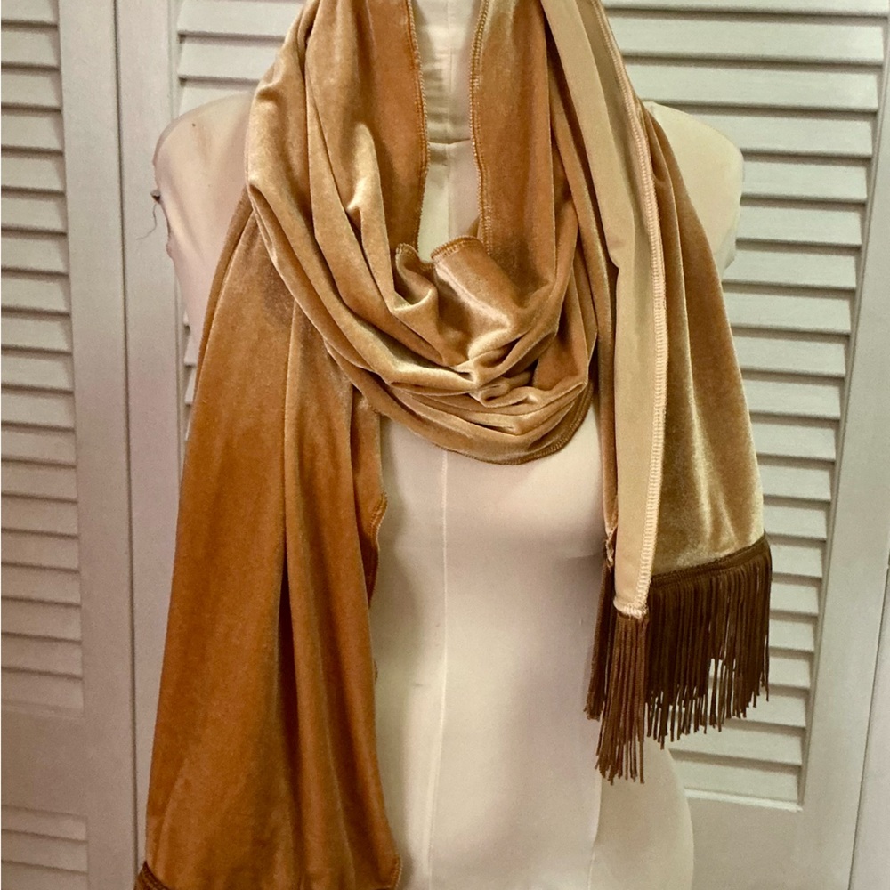 Creamy Golden Brown Velvet Scarf with Fringe